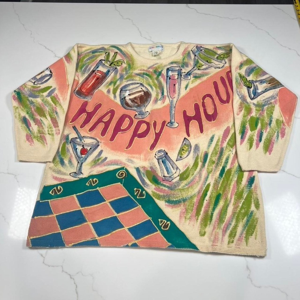 Kolorway Happy Hour Sweater‎ Women Size 1 Vintage Hand Painted Cotton Knit USA